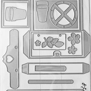 Metal Cutting Dies to make a 3D card, a box card, includes 3D cart, flowers, leaves, vases and tag