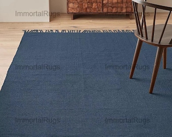 Solid Blue Kilim Rug 9x12 ft, Handwoven Flatweave Wool Kilim Area Rug for Living Room Bedroom Dining