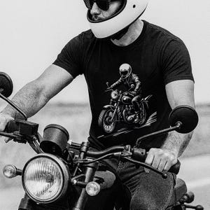 Vintage Motorcycle Rider T-Shirt | Biker Graphic Tee for Men | Retro Cafe Racer Cotton Shirt | Black & White Motorbike Shirt | Free Shipping