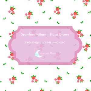Peut inclure: Motif sans couture avec des roses rouges dessinées à la main et des feuilles vertes sur fond blanc. Une étiquette rose au centre contient du texte et un logo de croissant de lune. L'étiquette indique "Seamless Pattern | Hand Drawn".