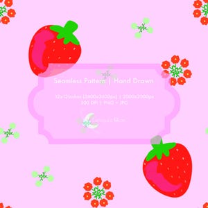 Peut inclure: Un motif numérique sans couture avec des fraises rouges à feuilles vertes, de petits groupes de fleurs rouges et des accents vert clair sur fond rose pâle. Le texte indique : Seamless Pattern | Hand Drawn, 12x12inches, 3600x3600px, 300 DPI, PNG + JPG.