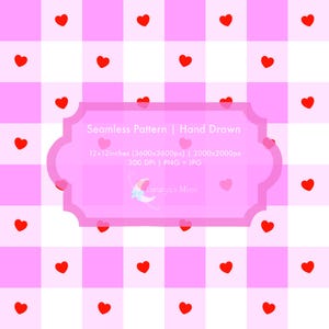 Peut inclure: Motif sans couture avec un fond à carreaux roses et blancs, parsemé de cœurs rouges. Une étiquette rose au centre indique "Seamless Pattern | Hand Drawn" et comprend les détails de taille et de résolution. Le motif est dessiné à la main.