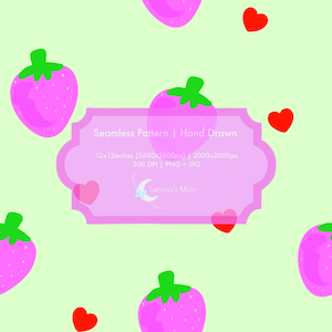 Peut inclure: Un motif répétitif composé de fraises roses avec des feuilles vertes et de petits cœurs rouges sur un fond vert clair. Une étiquette violette centrale affiche le texte : Seamless Pattern | Hand Drawn, 12x12inches (3600x3600px) | 2000x2000px, 300 DPI | PNG + JPG, et Lunarya's Moon.