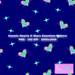 Cosmic Hearts and Stars Seamless Pattern | Neon Galaxy Digital Paper for Stickers, Journals, Crafts