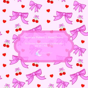 Coquette Cherry and Bow Seamless Pattern, Valentine Cherry Repeat, Cute Printable Digital Paper Background, PNG JPG