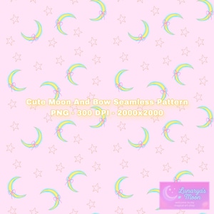 Peut inclure: Motif répétitif de croissants de lune jaunes avec des contours bleus et des nœuds roses, et d'étoiles jaune clair sur fond rose. Le texte indique "Cute Moon And Bow Seamless Pattern".