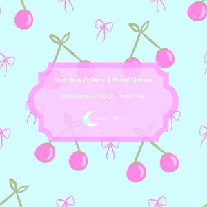 Peut inclure: Un motif sans couture dessiné à la main avec des cerises roses et des nœuds sur un fond bleu clair. Le design comprend le texte "Seamless Pattern | Hand Drawn" et les dimensions 2000x2000px, 300 DPI, PNG + JPG. Le logo Lunarya's Moon est également présent.