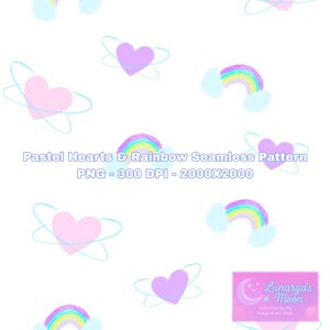 Peut inclure: Un motif sans couture avec des cœurs pastel et des arcs-en-ciel sur fond blanc. Le design comprend des cœurs roses avec des lignes orbitales bleues et des arcs-en-ciel colorés avec des nuages moelleux. Le texte "Pastel Hearts & Rainbow Seamless Pattern" est également inclus.