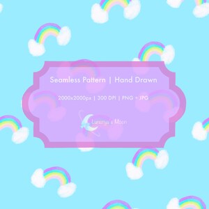 Peut inclure: Un motif sans couture avec des arcs-en-ciel dessinés à la main et des nuages blancs duveteux sur un fond bleu clair. Les arcs-en-ciel sont multicolores. L'image comprend le texte "Seamless Pattern | Hand Drawn" et "Lunarya's Moon".