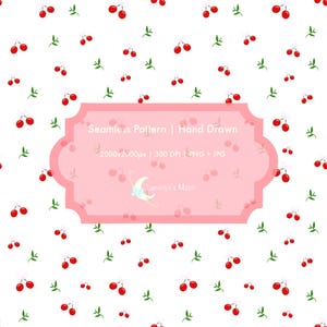 Peut inclure: Un motif sans couture dessiné à la main avec des cerises rouges et des feuilles vertes sur fond blanc. Une étiquette rose avec du texte et un croissant de lune est au centre. Disponible en formats PNG et JPG.