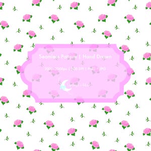 Peut inclure: Un motif sans couture avec des roses roses et des feuilles vertes sur fond blanc. Le design comprend le texte "Seamless Pattern | Hand Drawn" dans un cadre rose. L'image est de 2000x2000px à 300 DPI.