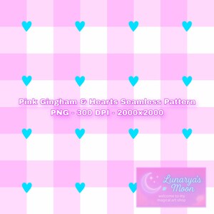 Peut inclure: Motif sans couture avec un fond rose vichy et des cœurs turquoise. Le texte "Pink Gingham & Hearts Seamless Pattern" et "PNG - 300 DPI - 2000x2000" sont affichés. Un petit logo est visible en bas à droite.