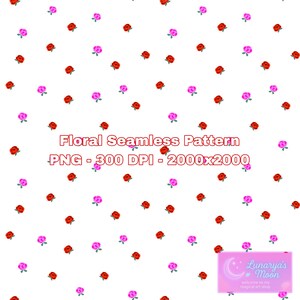 Peut inclure: Un fond blanc avec un motif répété de petites roses rouges et roses. Le texte "Floral Seamless Pattern" est affiché en rouge, ainsi que "PNG - 300 DPI - 2000x2000". Un petit rectangle rose avec le texte "Lunarya's Moon" est en bas à droite.