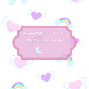 Peut inclure: Un motif sans couture dessiné à la main avec des arcs-en-ciel, des cœurs et des nuages pastel sur fond blanc. Le design comprend le texte "Seamless Pattern | Hand Drawn" et "Lunarya's Moon". Disponible en formats PNG et JPG.