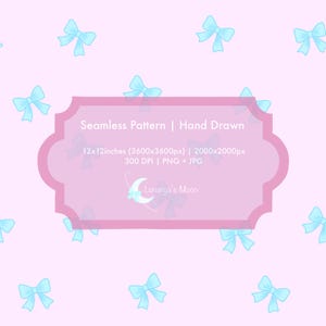 Peut inclure: Un motif répétitif de nœuds bleu clair dessinés à la main sur un fond rose pâle. Une étiquette rose centrale affiche le texte : Seamless Pattern | Hand Drawn, 12x12inches (3600x3600px) | 2000x2000px, 300 DPI | PNG + JPG, et Lunarya's Moon.
