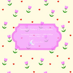 Peut inclure: Un motif répétitif avec des tulipes roses et des petits cœurs rouges sur fond jaune pâle. Une étiquette violette centrale affiche le texte : Seamless Pattern | Hand Drawn, 12x12inches (3600x3600px) | 2000x2000px, 300 DPI | PNG + JPG, Lunarya's Moon.