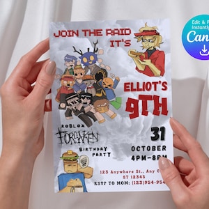 Puede incluir: Una invitación de cumpleaños con personajes de Roblox y el texto "JOIN THE RAID IT'S ELLIOT'S 9TH". La invitación incluye la fecha, la hora y la información de RSVP. El diseño es colorido y juguetón, perfecto para un cumpleaños infantil.