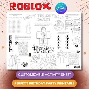 May include: A white printable activity sheet featuring Roblox branding and text. The sheet includes mazes, word searches, and character illustrations. Text includes "Happy 8th Birthday James", "Game Over", and "Forsaken". Designed for a birthday party.