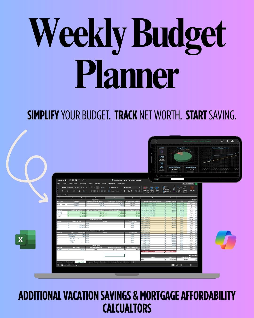 Weekly Excel Budget Template | All-in-one Simple, Automated, Editable