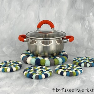 Felt coaster set, table decoration, pot coasters and glass coasters, blue/green, round, Ø 20 cm and Ø 10 cm