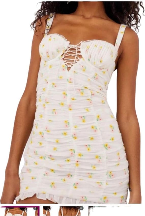 For Love & Lemons Celia Shirred Floral-embroidered Lace-up Open-back Mini  Dress