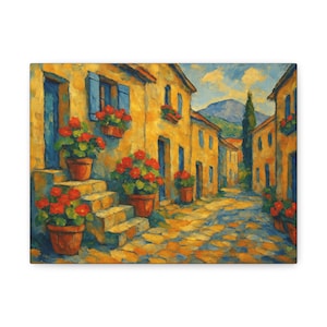 May include: An oil painting of a European village street scene. The buildings are painted in shades of yellow and ochre, with blue doors and shutters. Red flowers in terracotta pots adorn the steps and windows. A mountain range is visible in the background.
