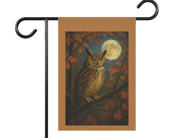 Búho otoñal con pancarta de jardín de luna llena