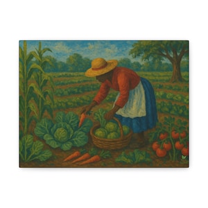 May include: A canvas print showing a person in a garden harvesting vegetables. The person wears a straw hat, red shirt, blue skirt, and white apron. Carrots, cabbage, and tomatoes are visible. A woven basket is filled with produce. The background shows a field, trees, and a blue sky.