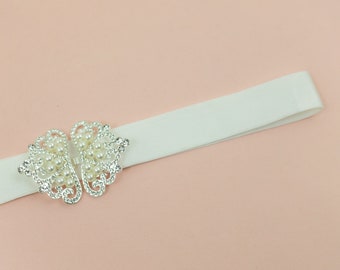 1" white bridal belt with pearl clasp, satin elastic waist wedding belt custom made to fit