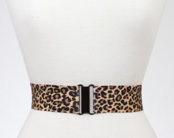 Small 2" light leopard stretch belt with black clasp, elastic belt for women
