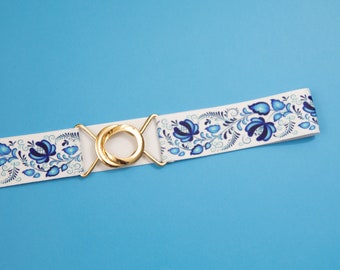 1.5&quot; blue floral belt, elastic waist belt for women