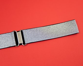 1.5" silver on black elastic belt - stretch waist belt for women