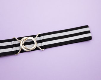 1.5" black and white stripe elastic belt for women - soft plush texture