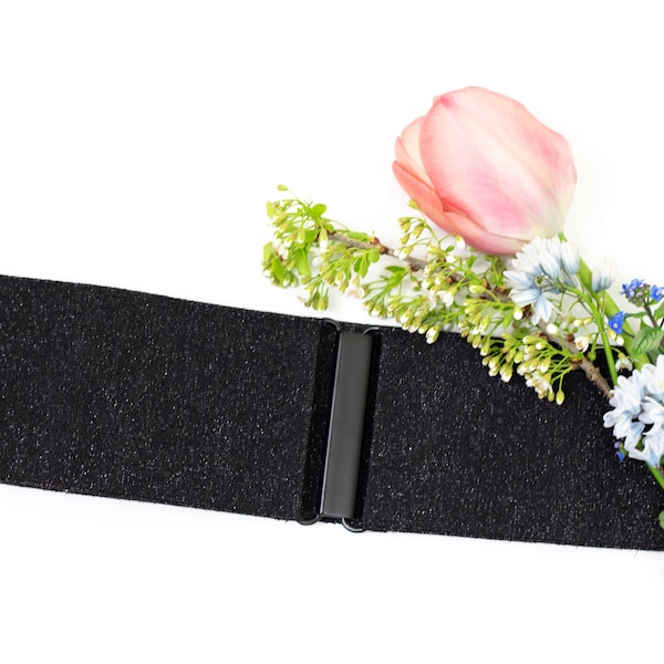 3" black glitter elastic cinch belt, stretch waist belt for women