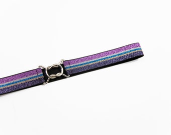 Small 1" striped purple belt with silver clasp, elastic waist belt for women