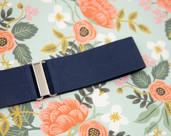 2" navy elastic belt for women, dark blue minimalist belt in regular and plus size