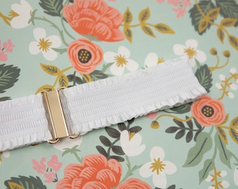 2" white ruffled elastic waist belt, stretch belt for women