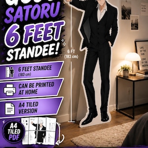 May include: A life-size cardboard standee of the anime character Gojo Satoru, depicted with white hair and wearing a black suit, white shirt, and black vest. The standee measures 6 feet (183 cm) in height and is designed for home assembly.