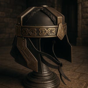 Peut inclure: Casque noir et doré avec des détails complexes, présenté sur un socle. Le casque présente un dessus tressé et des bandes décoratives avec des motifs géométriques répétés. Des lanières de cuir sont visibles. Thème historique ou fantastique.