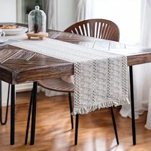 Boho Lace Table Runner for Wedding & Home | Cream Macrame Runner with Tassels | Rustic Farmhouse Dining Decor | 14x120 Lace Table Decor