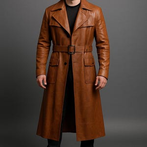 Men’s Brown Leather Duster Coat – Handmade Sheepskin Trench Jacket – Long Winter Cowboy Coat – Vintage Western Overcoat