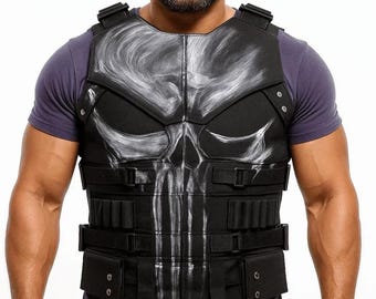 Men's Punisher Skull Leather Vest: Biker Cosplay Costume
