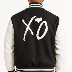 XO Varsity Jacket – Black and White Letterman Jacket with Wool or Sheepskin Sleeves, Unisex Streetwear Gift