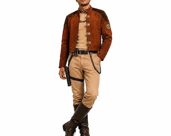 May include: A brown suede jacket with metal clasps, a tan shirt with a checkered collar, and khaki trousers. The outfit includes a brown cap with a star emblem, a black belt with a holster, a chain accessory, and dark brown leather knee-high boots.