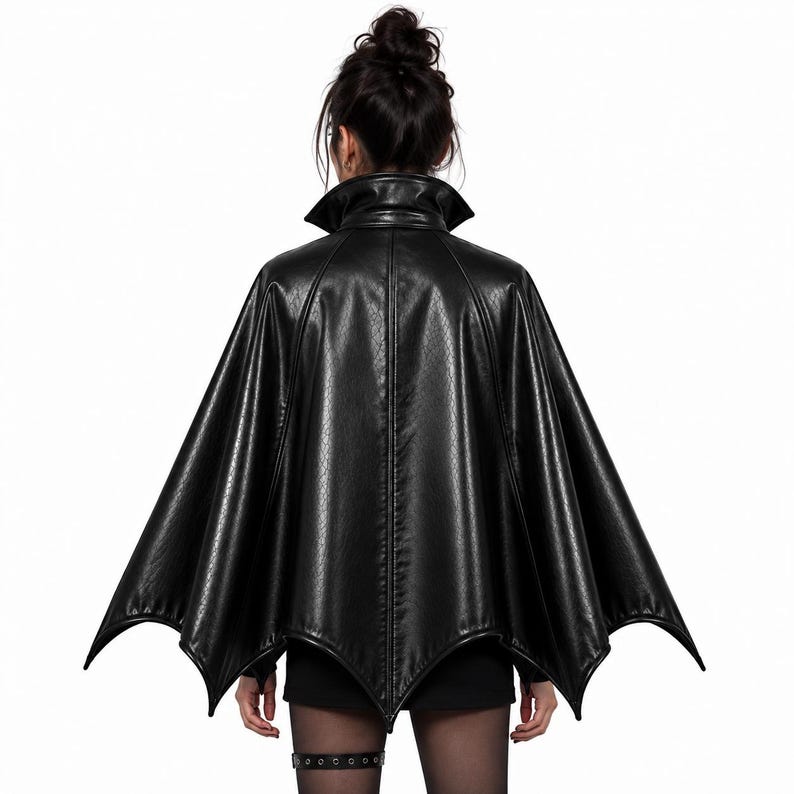 Back view of black gothic vampire batwing cape showing long flowing cloak and dramatic batwing hem