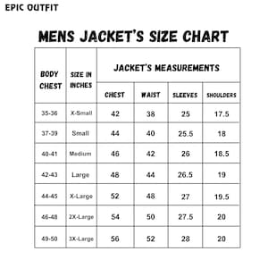 Może przedstawiać: Czarno-biała tabela rozmiar&oacute;w z tytułem EPIC OUTFIT MENS JACKET'S SIZE CHART. Tabela zawiera wymiary klatki piersiowej oraz wymiary kurtki, w tym klatkę piersiową, talię, rękawy i ramiona w calach dla rozmiar&oacute;w od X-Small do 3X-Large.