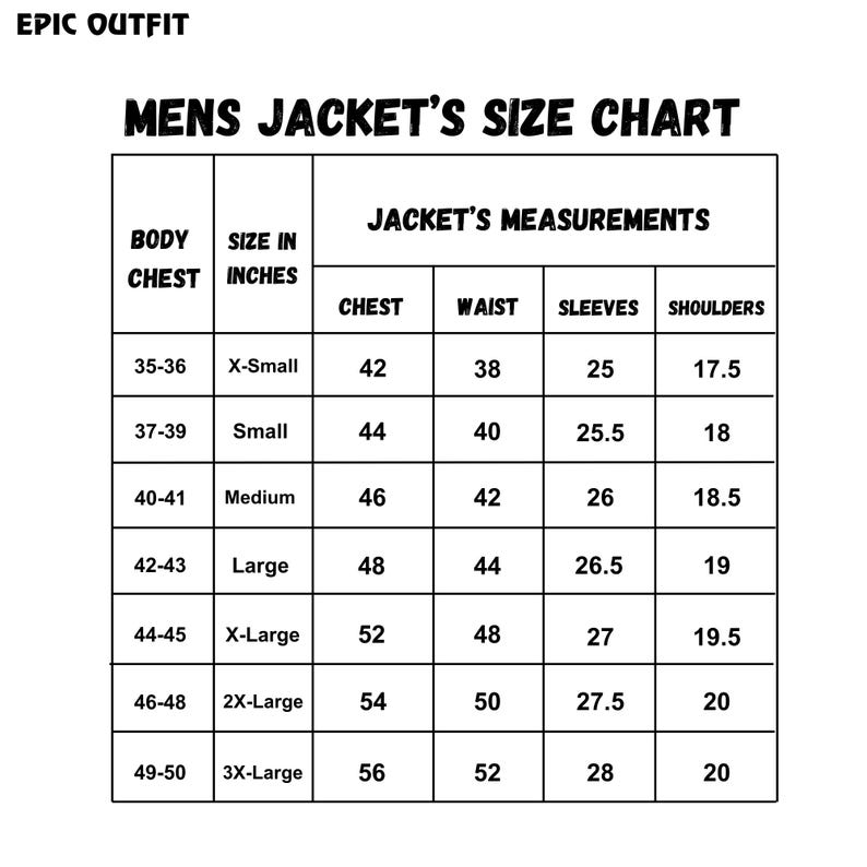 Może przedstawiać: Czarno-biała tabela rozmiar&oacute;w z tytułem EPIC OUTFIT MENS JACKET'S SIZE CHART. Tabela zawiera wymiary klatki piersiowej oraz wymiary kurtki, w tym klatkę piersiową, talię, rękawy i ramiona w calach dla rozmiar&oacute;w od X-Small do 3X-Large.