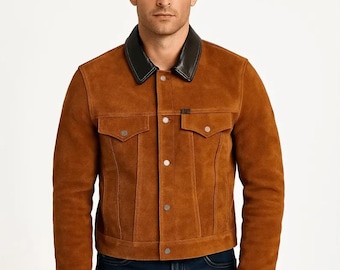 Vintage Suede Jacket Men | Brown Leather Trucker with Black Collar Western Style