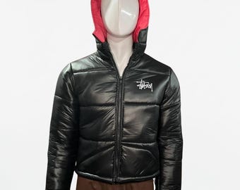 Black Glossy Puffer Jacket – Unisex Winter Bubble Coat, Pink Hood