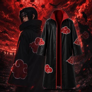 Anime Inspired Black Leather Cloak Red Cloud Cosplay Coat Gothic Ninja Costume Unisex